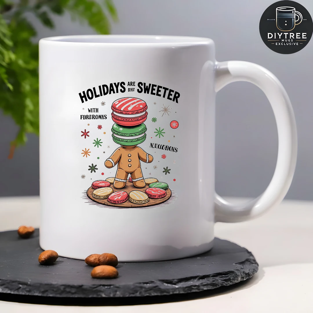 Caneca de 11 onças + desenho animado Gingerbread Man Macaroon Design de Natal + xícara infantil + xícara de café para escritório familiar - presente de Natal