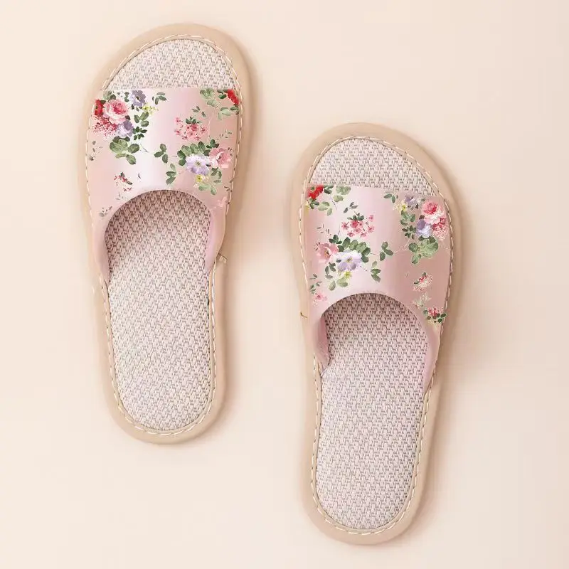 المرأة العرقية نمط شقة وحيد الكتان النعال الصيف المفتوحة تو عدم الانزلاق خفيفة الوزن عالية الجودة الحرير طباعة المنزل النعال الصامتة #6