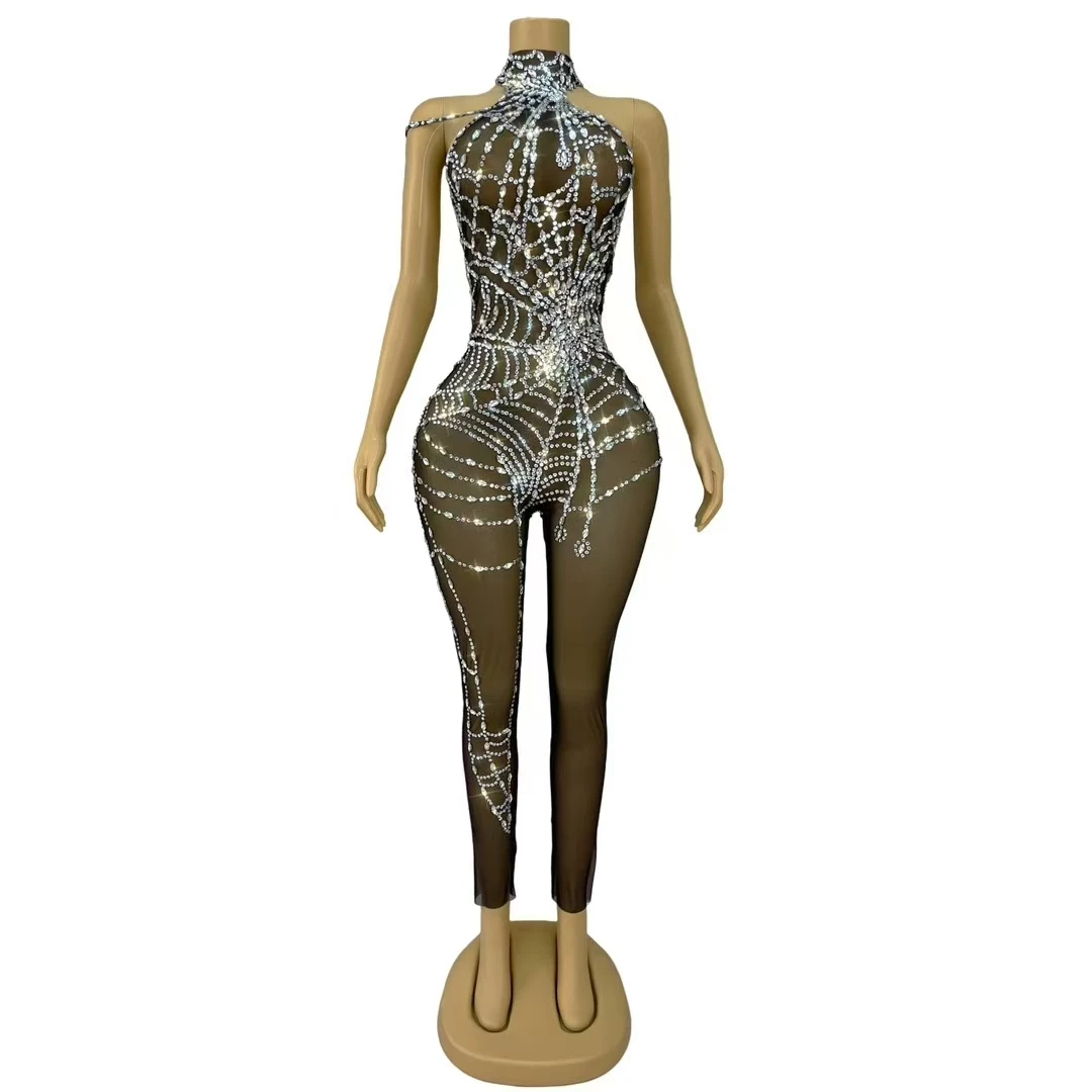 Sparkly Rhinestones Sleeveless Jumpsuit Bar Nightclub Women Performance Dance Costume Party Show Sexy Transparent Stage Wear