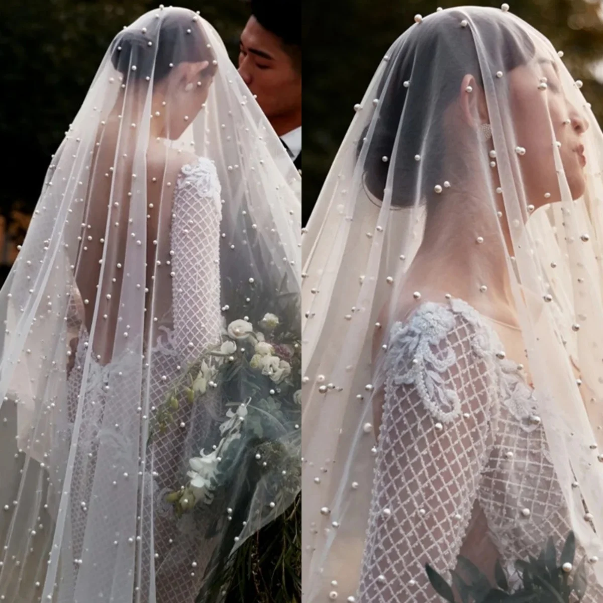 

Pearls Wedding Veil Luxury One Layer Long Cathedral Length Veils Bead Edge Velo De Cabeza For Bride Voile Castle Custom Made