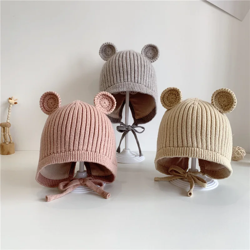 

2024 Cute Baby Knitted Hat With Ear Baby Beanie Cap for Boys Girls Autumn Winter Warm Adjustable Kids Beanie Newborn Baby Cap