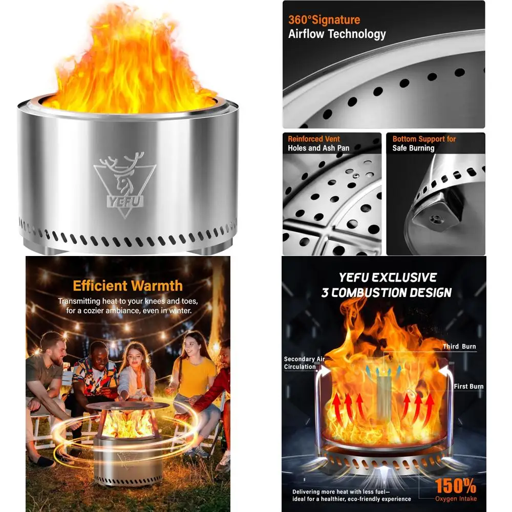 

Smokeless Outdoor Fire Pit - 27 Inch Silver Stainless Steel Removable Ash Pan Fire Pit for Patio