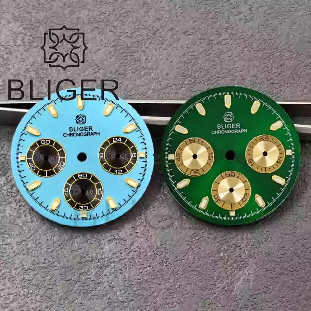 

BLIGER Новый 30-миллиметровый небесно-голубой/зеленый/белый циферблат для часов с золотым индексом, зеленый светящийся, подходит для VK63, аксессуар для часов с кварцевым механизмом