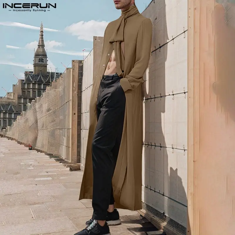 INCERUN Men Long Style Shirts Solid Color Stand Collar Long Sleeve Lace Up Men Clothing Streetwear 2024 Chiffon Fashion Camisas