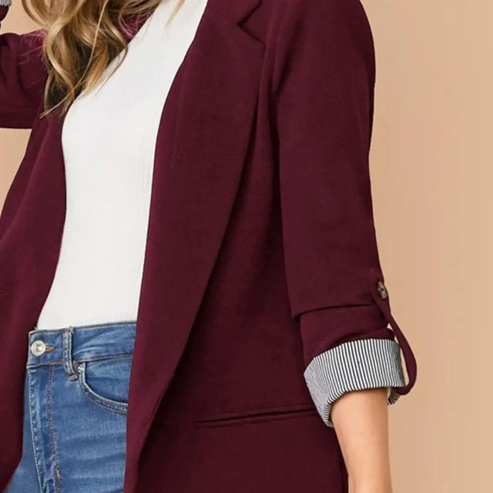 

Women Casual Suit Jacket Elegant Lapel Suit Coat with Single Button Closure Pockets Women's 3/4 Sleeve Solid Color for Workwear