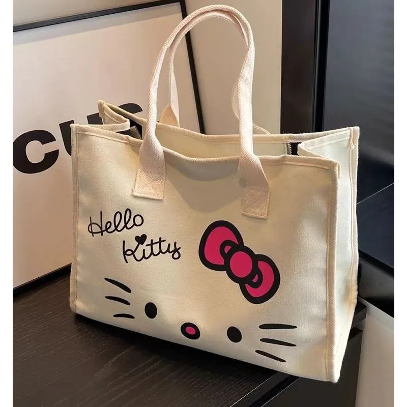 

2024 Sanrio Hello Kitty Canvas Bag Girl Heart Cartoon Cute Large Capacity Commuter Shoulder Bag Fashion Tote Bag College Class