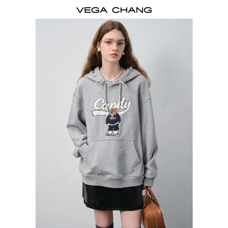Vega Chang الخريف والشتاء المرأة الجديدة مقنعين البلوز الأمريكية الرجعية الدب طباعة العصرية بارد لطيف فضفاض الأعلى