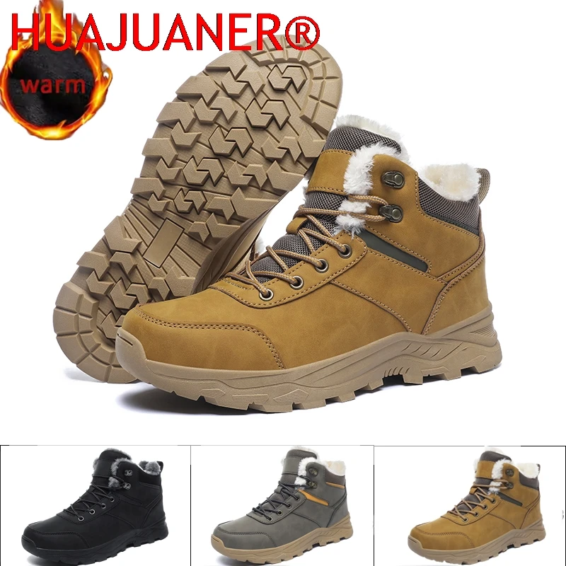 

Winter Mens Leather Snow Boots Plush Warm Work Boots Waterproof Non-slip Outdoor Hiking Climbing Shoes Couple shoes