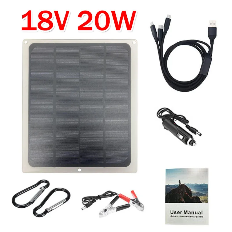 

Solar Panel 20W 18V Monocrystalline Photovoltaic Module Emergency Sun Power Generator with 3In1 Charging Cable Charging Board