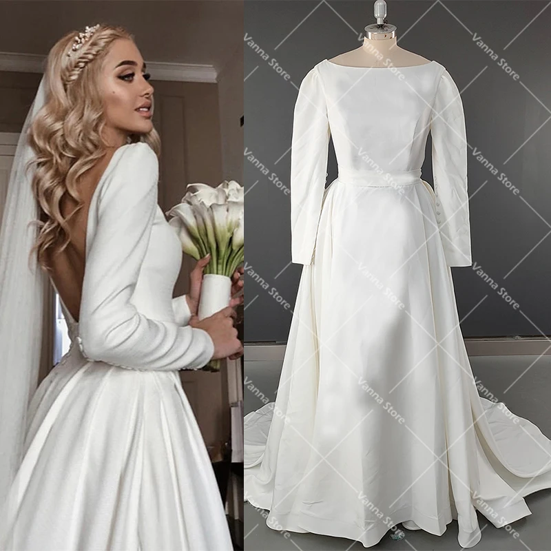 Satin Boat Neck Long Sleeves Wedding Dress Beach Outdoor Buttons Backless Custom Made 2021 Bridal Gown With Train Plus Sizes