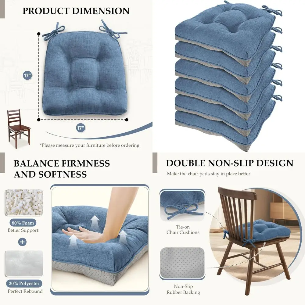 

Набор из 6 подушек для обеденного стула с синей синелью и нескользящим дном, 17 x 17