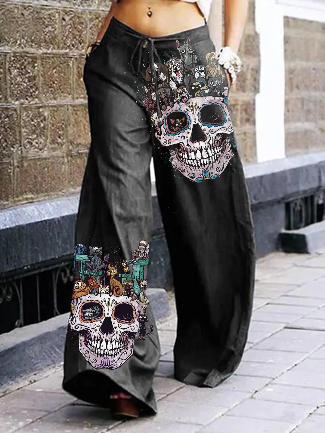 Pantalones Cargo con estampado de calavera para mujer, pantalón informal de pierna ancha con cordones, estilo Rock oscuro, a la moda, para verano, 2024