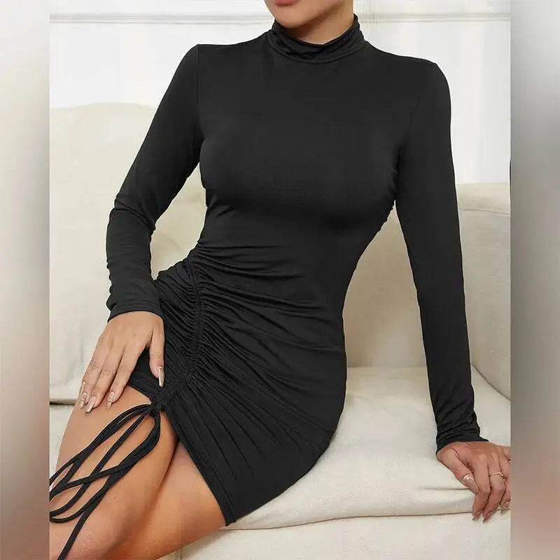 

Осенне-зимнее базовое женское платье со средней высокой горловиной и шнурком, простые повседневные короткие платья, элегантное однотонное вечернее платье