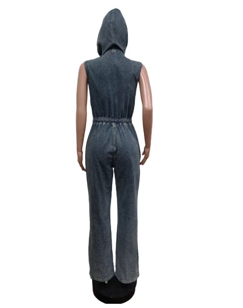 Ueteey Denim Jumpsuit for Women 2024 Sleeveless Big Pocket Hooded Vintage Overalls Womens Elastic Cargo Jumpsuits Light Blue