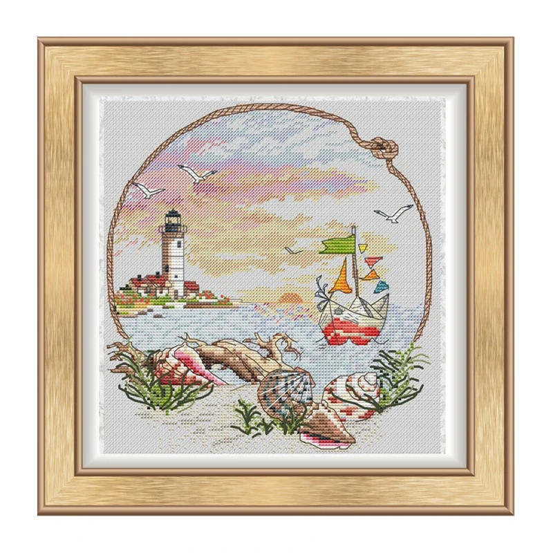 

Cross-stitch set: Simple picture of Ocean Lighthouse, 28ct, 18ct, 14ct, 11ct embroidery fabric, DIY embroidery material package