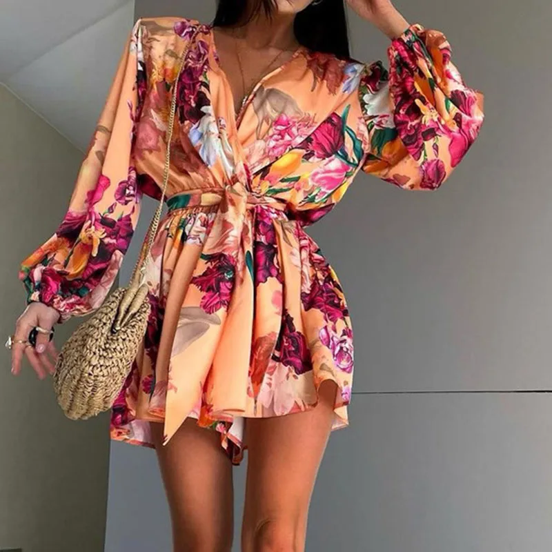 2024 Autumn New Floral Print Casual Romper Lady Sexy V Neck Lace Up Shorts Jumpsuits Fashion Long Sleeved High Street Playsuit