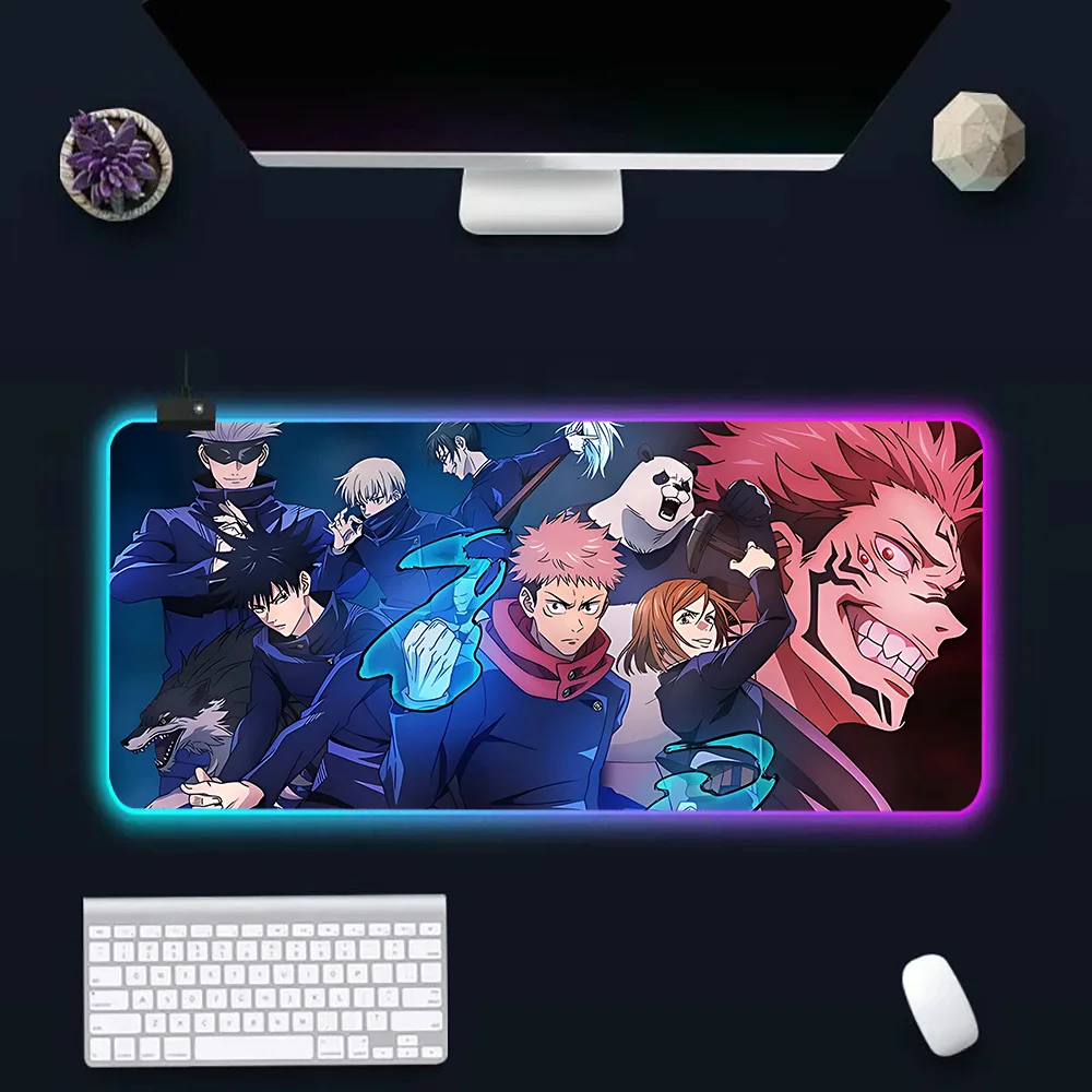 Fashion Anime Jujutsus Kaisens RGB Pc Gamer Keyboard Mouse Pad Mousepad LED Glowing Mouse Mats Rubber Gaming Computer Mausepad