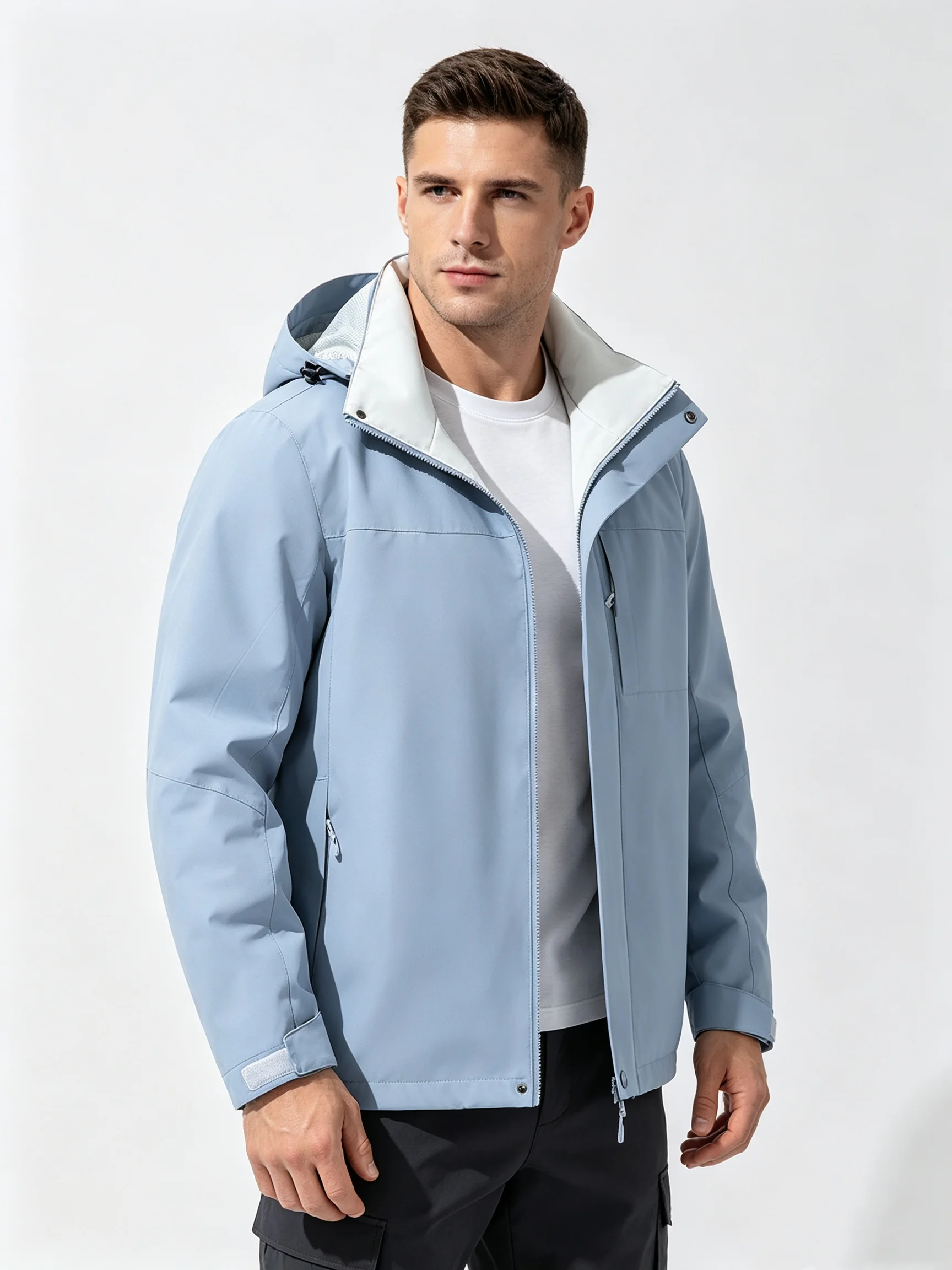 Windbreaker Men Zip - Męska jasnoniebieska kurtka wiatrówka z kapturem,