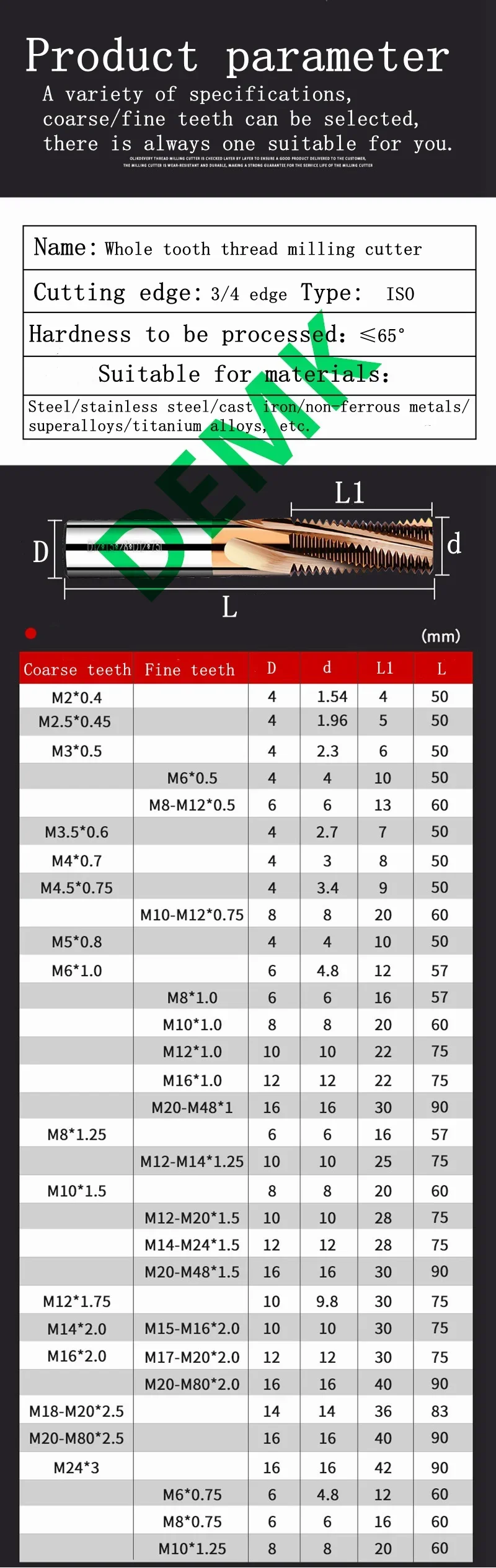 CNC超硬単一歯ねじフライスカッター、65度、超硬、m1、m1.2、m1.4、m1.6、m2、m2.5、M3-M24、1個