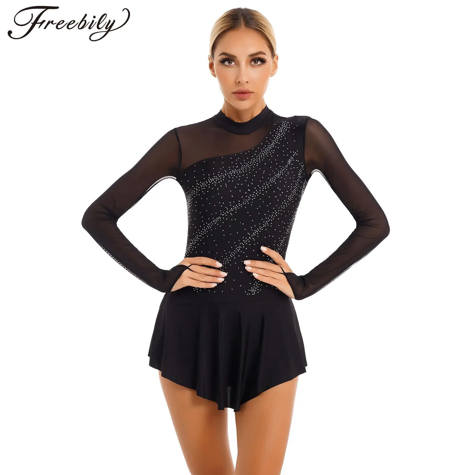 Womens Shiny Rhinestone Figure Ice Skating Dress Long Sleeve Ballet Leotard Dress Dancewear Lyrical Latin Modern Dance Costumes