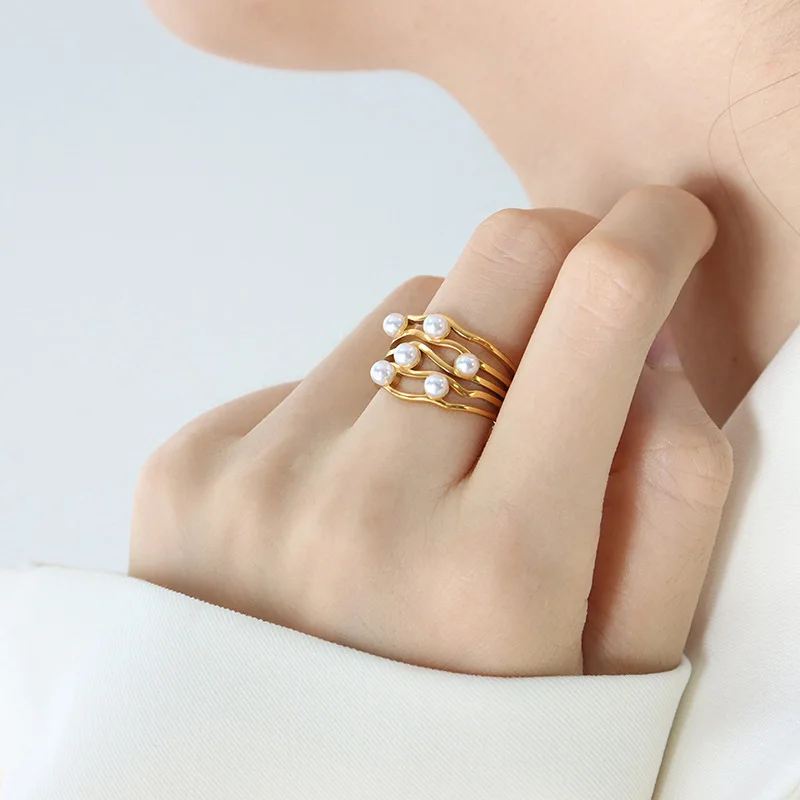 Fashion Urban Ladies Rings Jewelry 18K PVD Gold Plated White Pearl Stainless Steel Multi-Layer Large Ring For Women