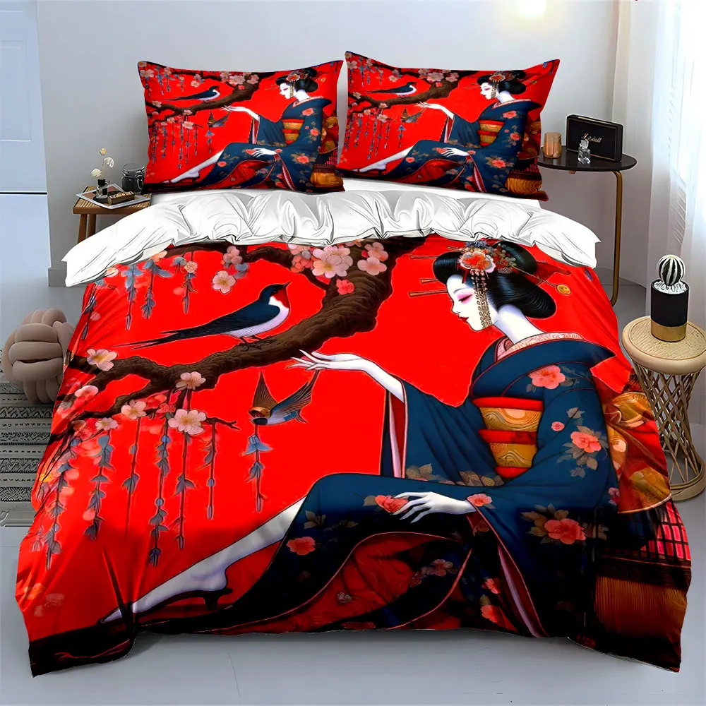 Kimono-clad woman with birds and flowers Print Soft Comfortable Duvet Cover Bedding Set Included 1*Duvet Cover 2*Pillowcases 3