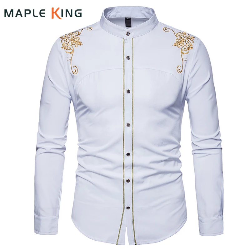 Chemise Homme 2018 Spring Royal Court Style Solid Floral Embroidered Solid Dress Shirts Slim Fit Casual Long Sleeve Shirt XXL