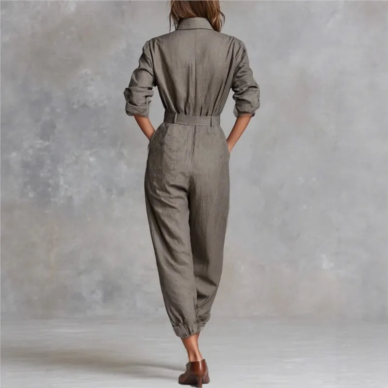 Spring Autumn Casual Commuting Women's Jumpsuit Fashionable Solid Color Half-cardecked Long Sleeve High Waist Jumpsuit (No Belt)