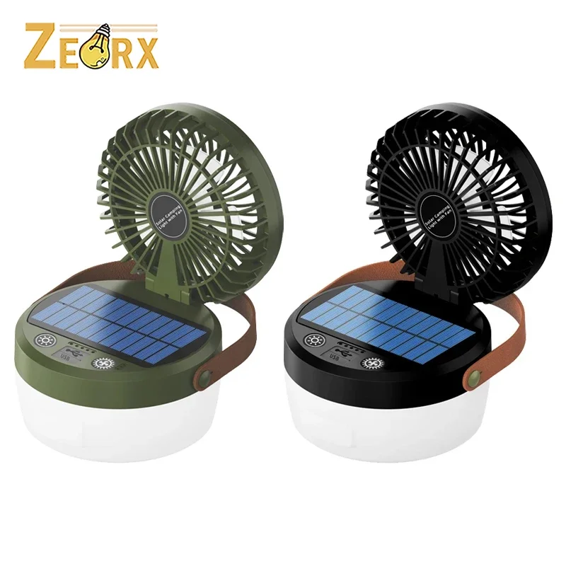 

Camping Light with Fan, Folding Portable Hanging Lamp with 4 Modes, Solar Charging, Power-bank Function for Outdoor Camping