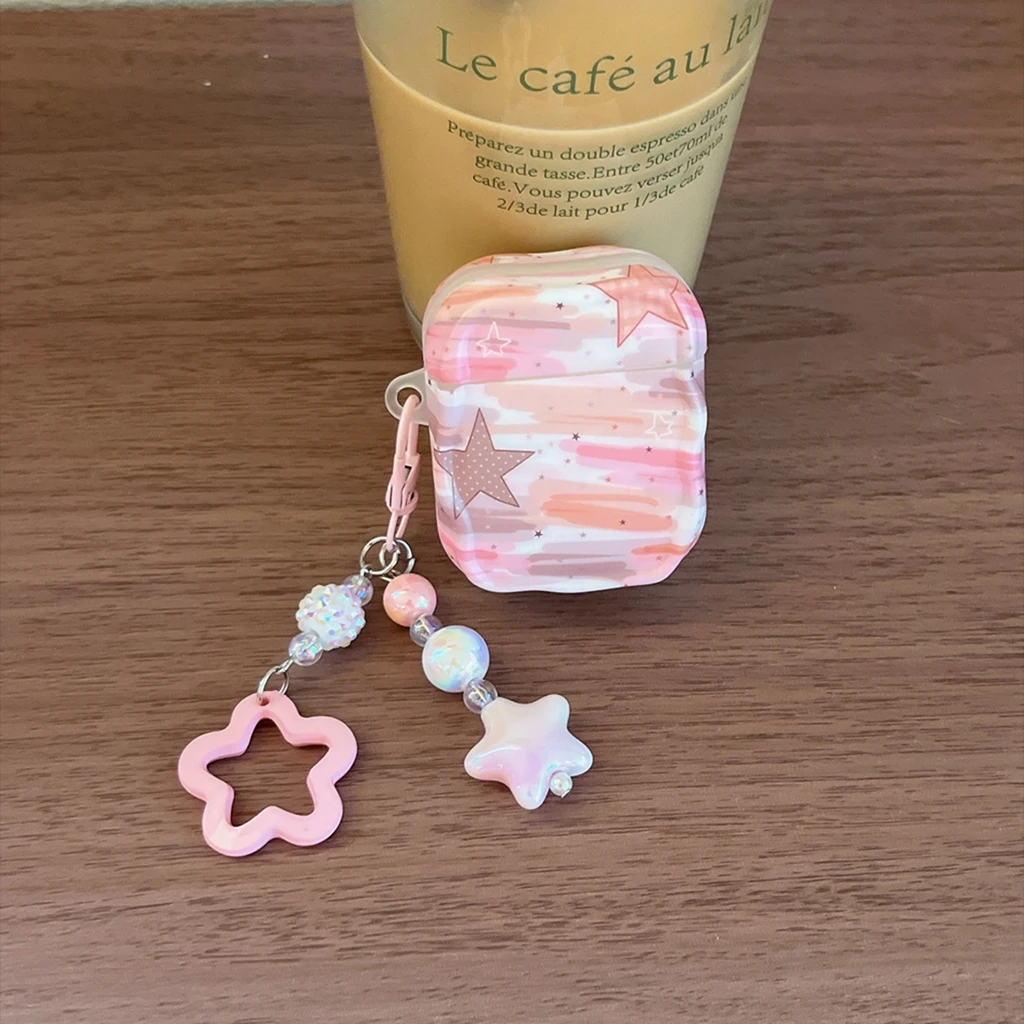 Exquisite Graffiti Stripe Pink Star With Iridescent Bead Stars Pendant Earphone Protect Cover Case AirPods 2 3 4 Pro Pro2 Pro3