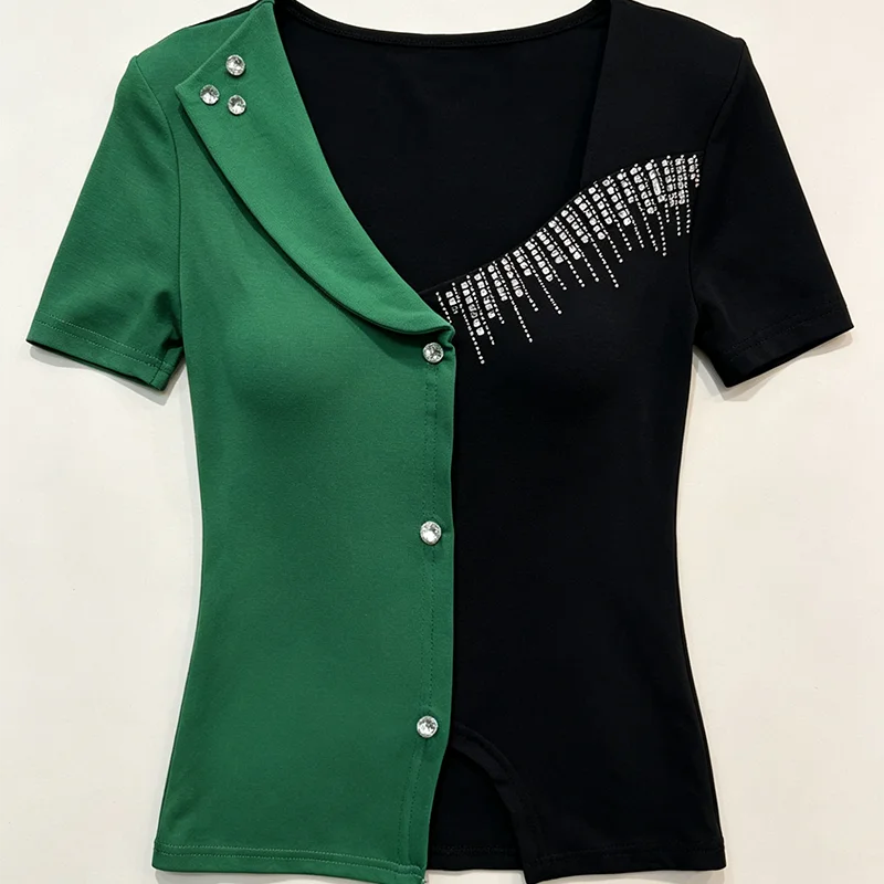 

MadBlack-Women European T-Shirt, Sexy Square Collar Diamond, Clubwear Short Sleeve Slim M-3XL Knit Tee, 2026 Summer New T65780CC