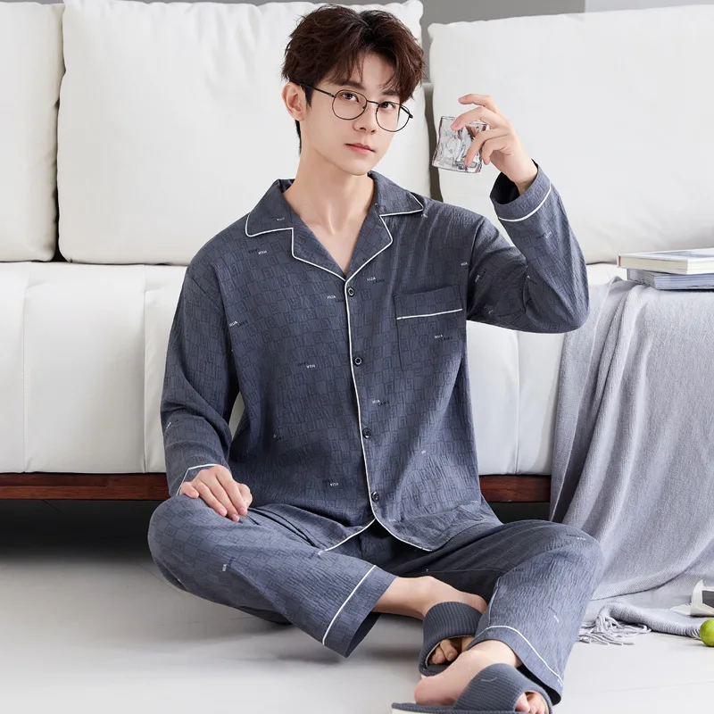 Spring/Autumn Minimalist Pajamas for Men Long-Sleeve Top & Long Pants Plus Size Loose Fit Cloud-Print Cotton Set Homewear Set