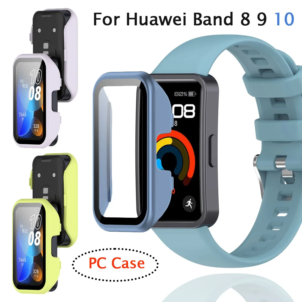 PC-Gehäuse + gehärtetes Glas für Huawei Band 10 9 8, NFC-Displayschutzfolie, harte PC-Schutzstoßstange, Huawei Band 9 8 Band10-Gehäuse