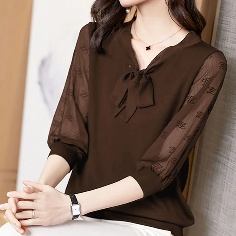 Elegant Fashion Solid Patchwork Drawstring Chiffon Shirt Autumn 2023 V-Neck Half Sleeve Loose Pullovers Blouse Women's Clothing