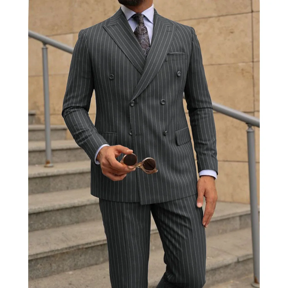Conjunto de duas peças de terno listrado masculino, vestido trespassado duplo, roupa de cavalheiro, roupa de casamento formal, trajes masculinos