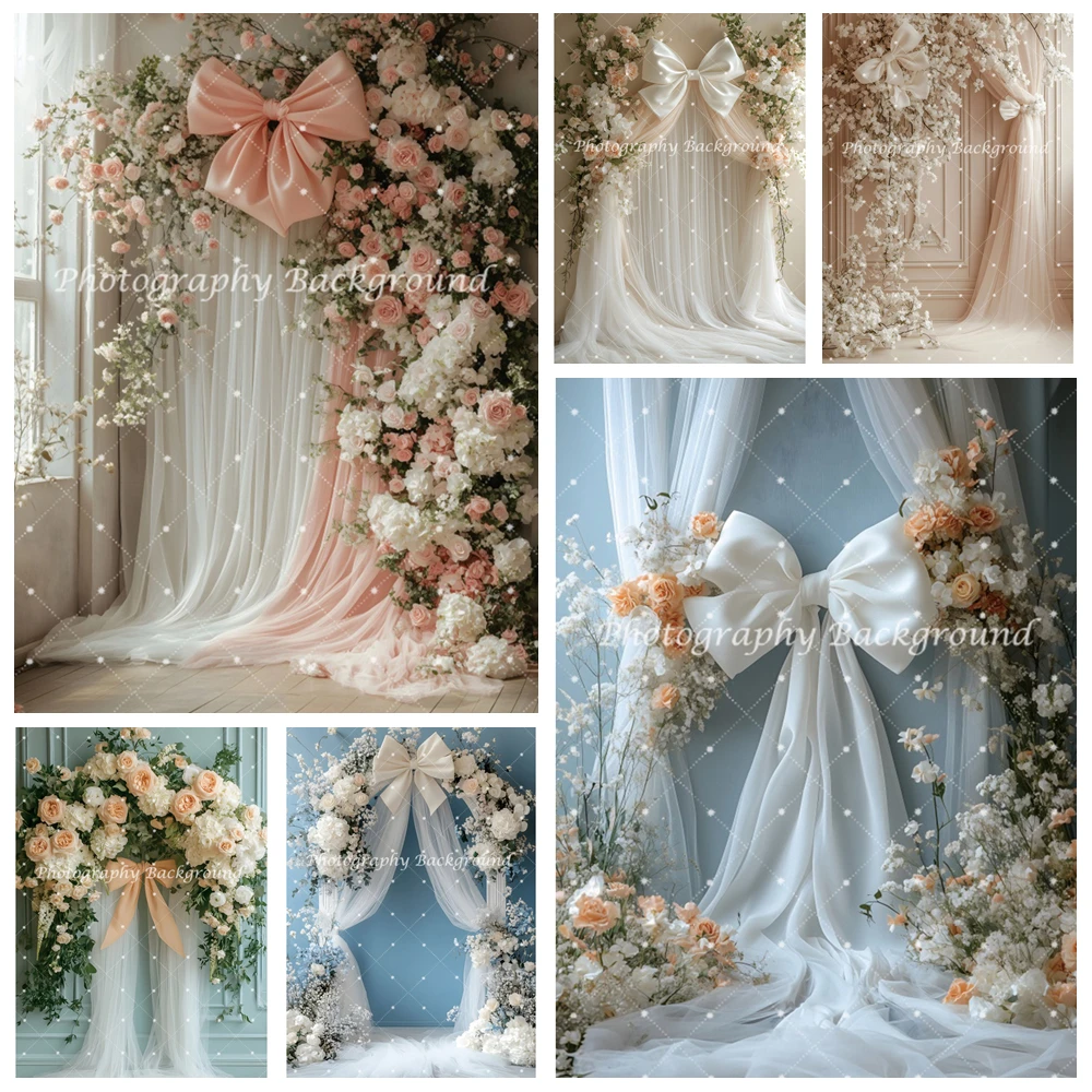 

Wedding White Flower Bow Photography Backdrop Girl Birthday Newborn Portrait Baby Party Decoration Backdrop Photo Studio Props