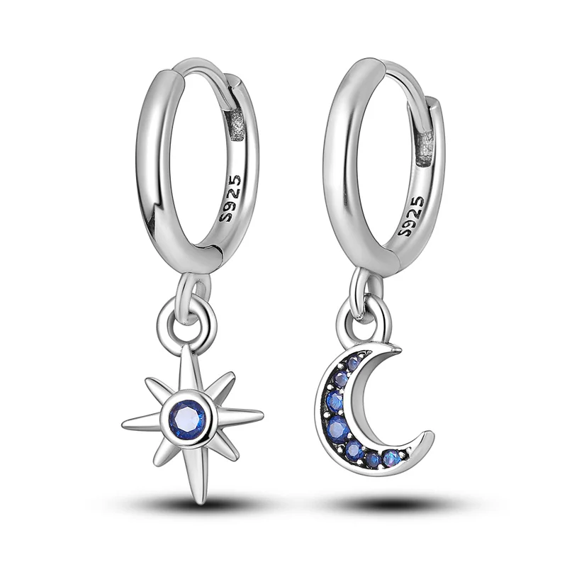 Sterling Silver S925 Round Hoop Moon Star Earrings Earpendant Simple Fine Jewelry Women Girls Fashion Party birthday Gift image 3