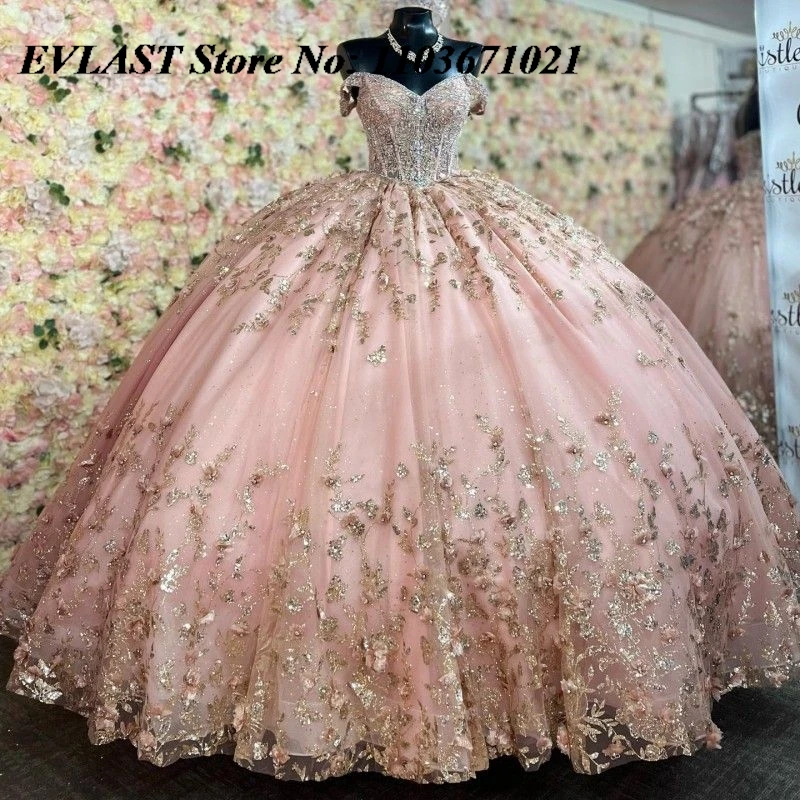 EVLAST Customized Pink Quinceanera Dress Ball Gown Gold Applique Beading Tiered Corset Sweet 16 Vestidos De XV 15 Anos SQ10