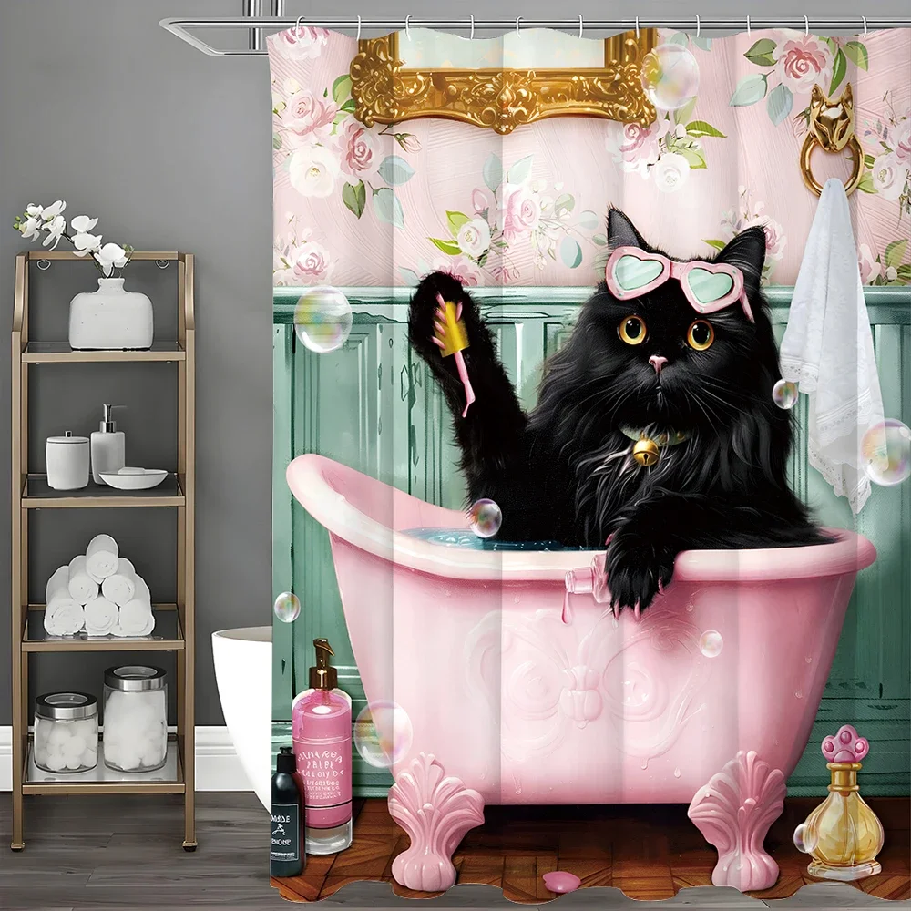 Black cat with sunglasses sitting in tub painting nails funky shower curtain, bathroom decorative shower curtain, waterproof sho