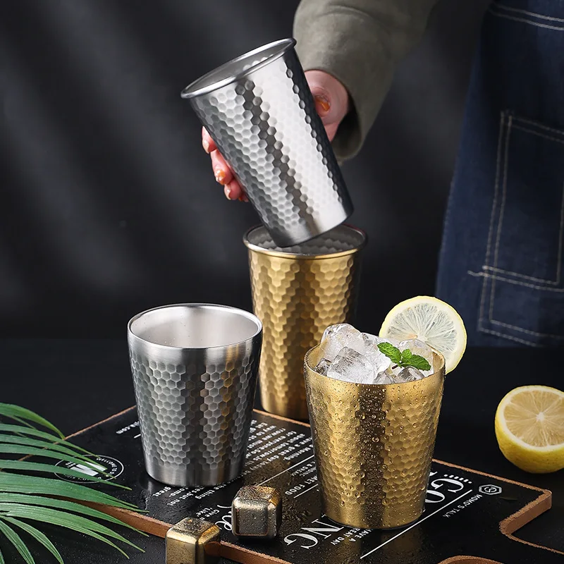 Double Wall Stainless Steel Large Beer Tea Mug Hammer Texture Cold Water Drinks Coffee Cup Cocktail Cups Kitchen Home Drinkware