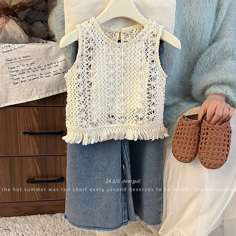 

Girls Vest Top 2024 Summer and Spring New Children Baby Girl Korean Style Hollowed-out Fringe Knitted Vest Ocean Vest Tops