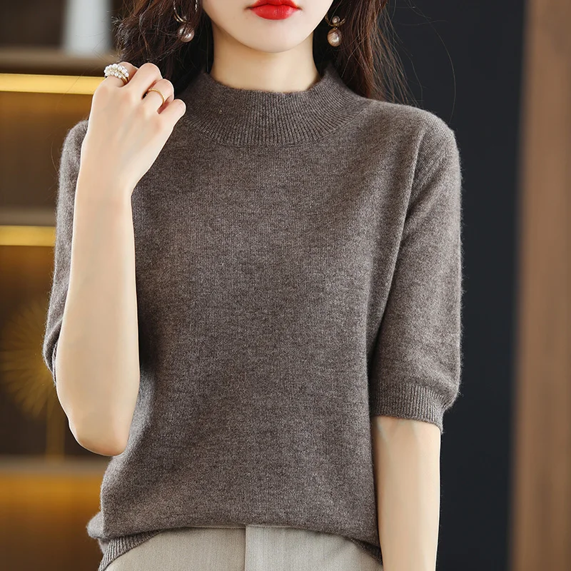 Women\'s Half High Collar Half Sleeve Knitted Shirt, Wool Underlay Pullover, Versatile Top