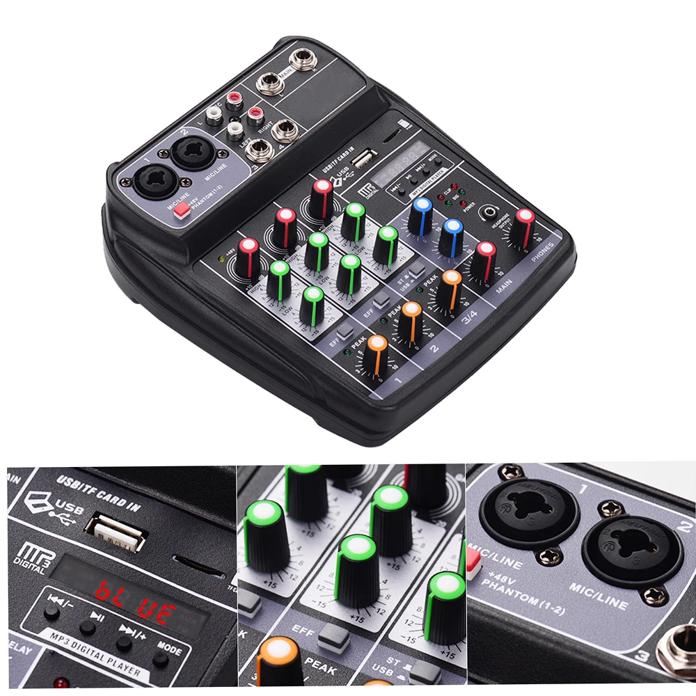 Mixing Console Digital Audio Mixer Compact 4-Channel BT MP3 USB Input +48V Phantom Power for Network Live Broadcast Karaoke