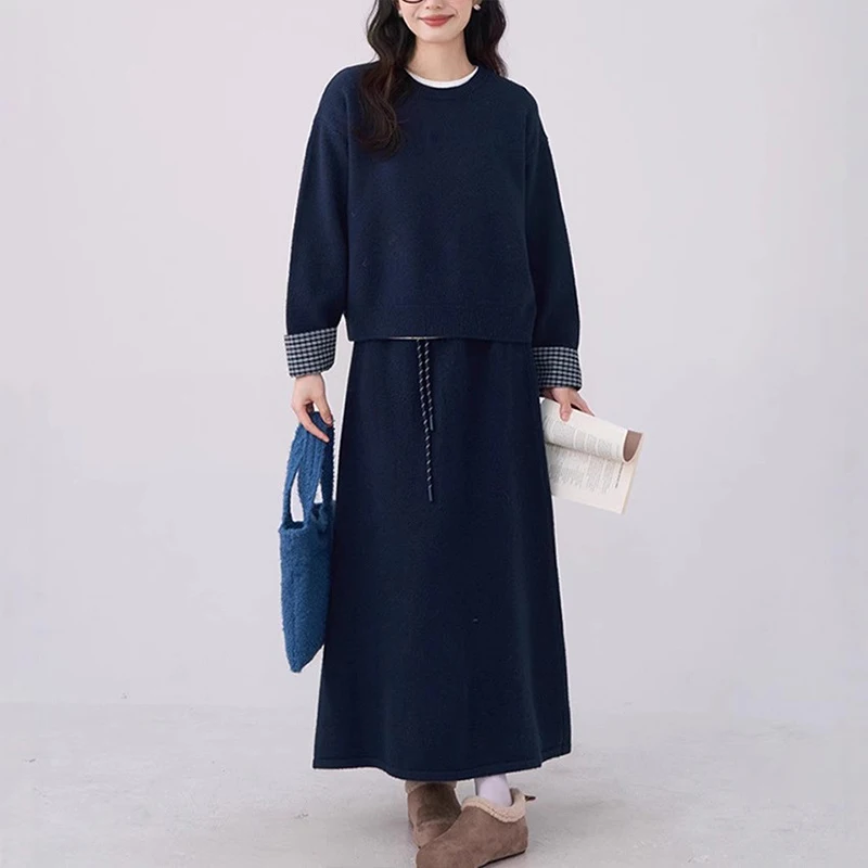 Anti-envelhecimento outono inverno coreano sle conjunto de camisola de malha feminina com punhos emendados casual solto ajuste saia conjunto de duas peças