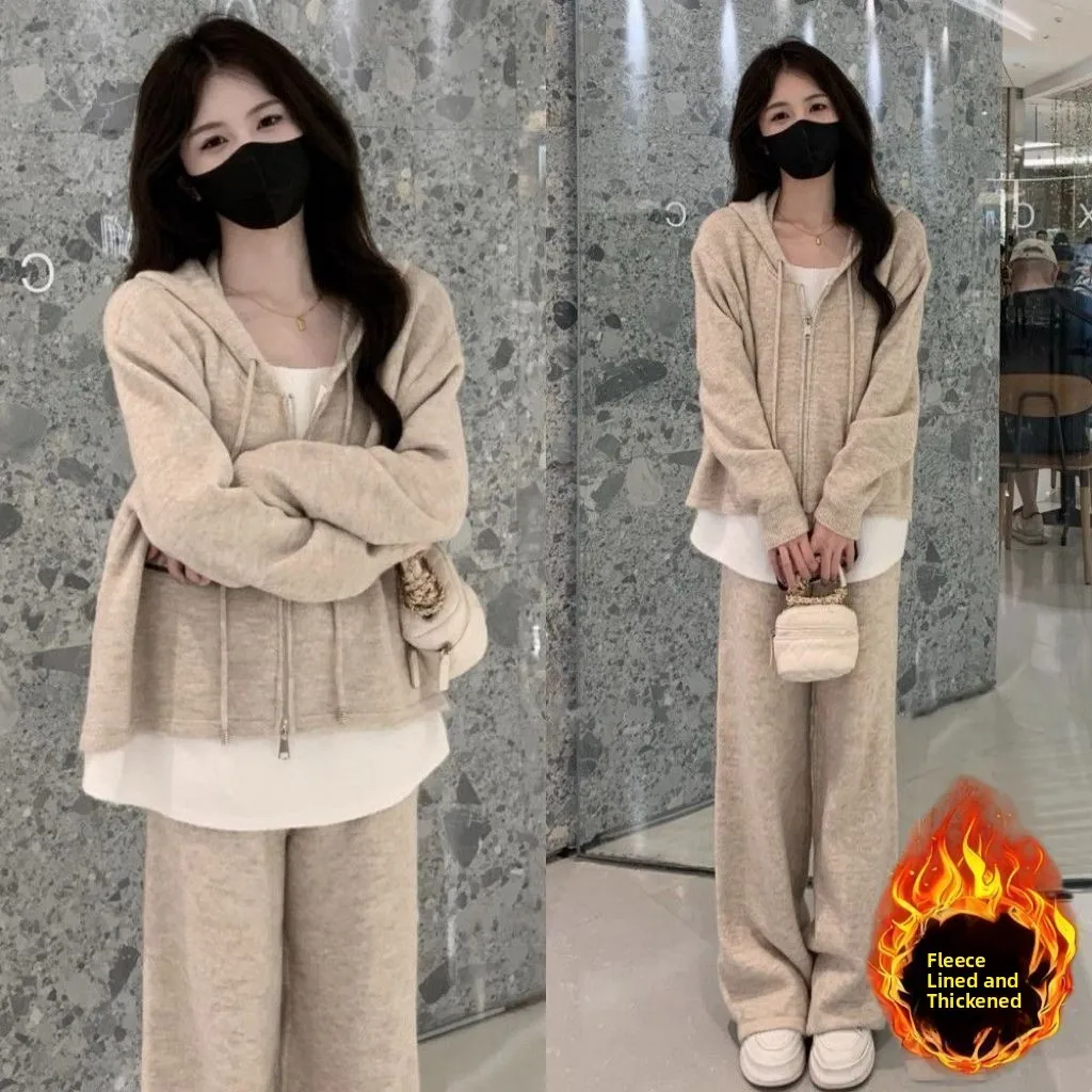

Thickened Fleece Hoodie Jacket And Wide Leg Pants Two Piece Set Women's Casual Style Winter Outfit High Waist Pants