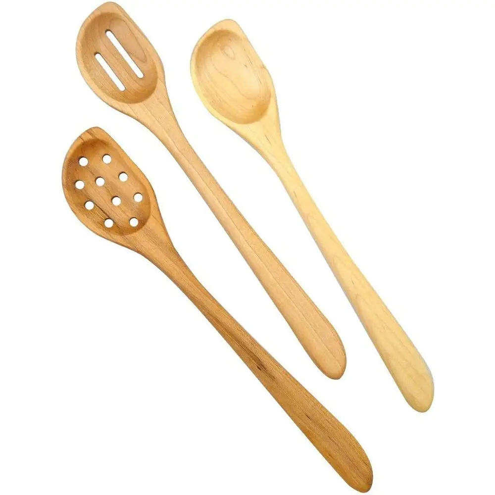 American Made Natural Hard Maple Wood Angled Cooking and Mixing Spoons | Set o 3 (Right Hd Version)