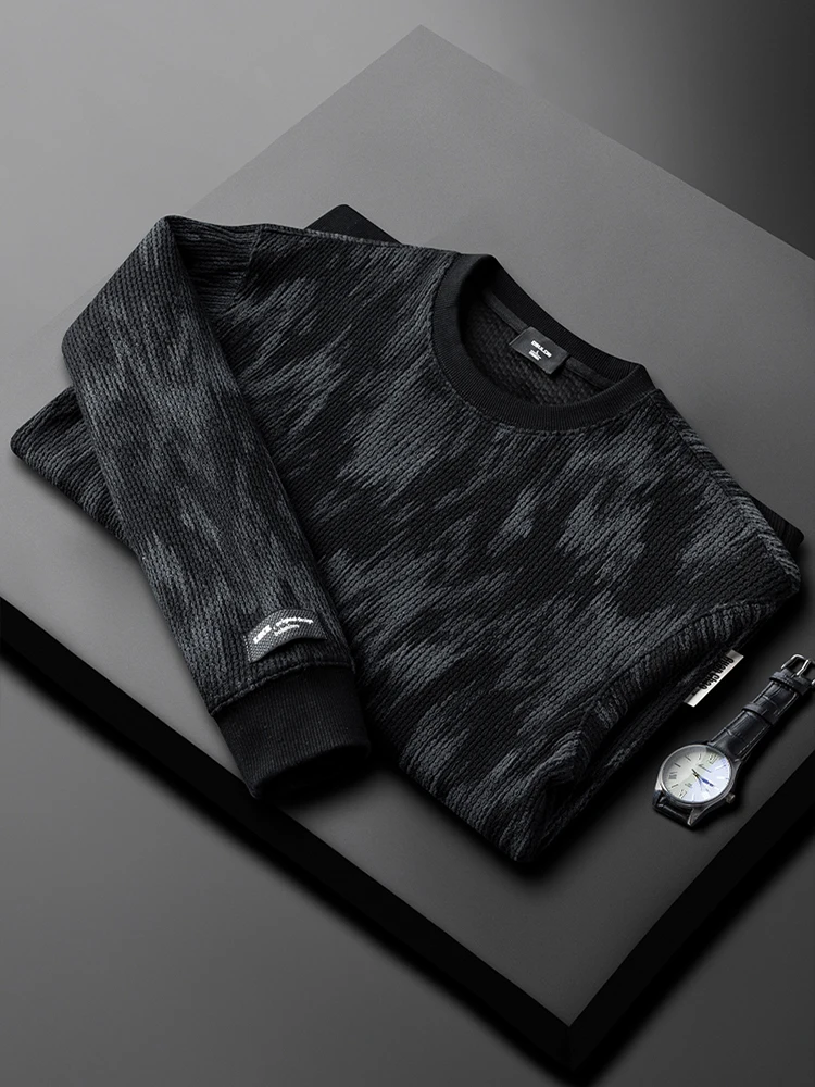 Camiseta Masculina Luxuosa de Algodão e Poliéster para Outono/Inverno, Gola Redonda, Manga Longa Grossa, Ajuste Slim, Quente ...