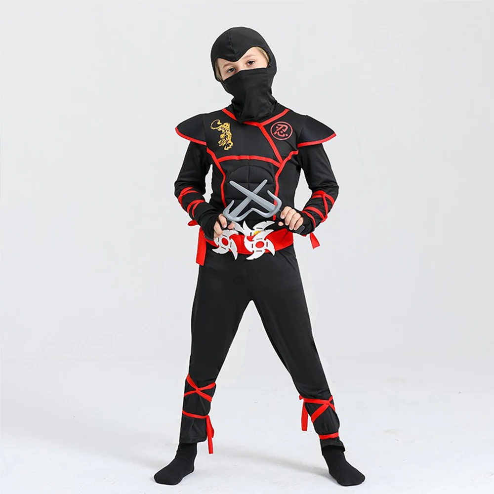 Halloween Jungen Mädchen Ninja Cosplay Kostüm für Kinder Anime Samurai Kostüm Kung Fu Dragon Ninja Overall mit Waffe Outfit Party