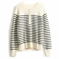 French crew-neck sweater Women's half-open neck breasted horizontal striped long sleeve pullover cashmere sweater loose knit top - Image 5