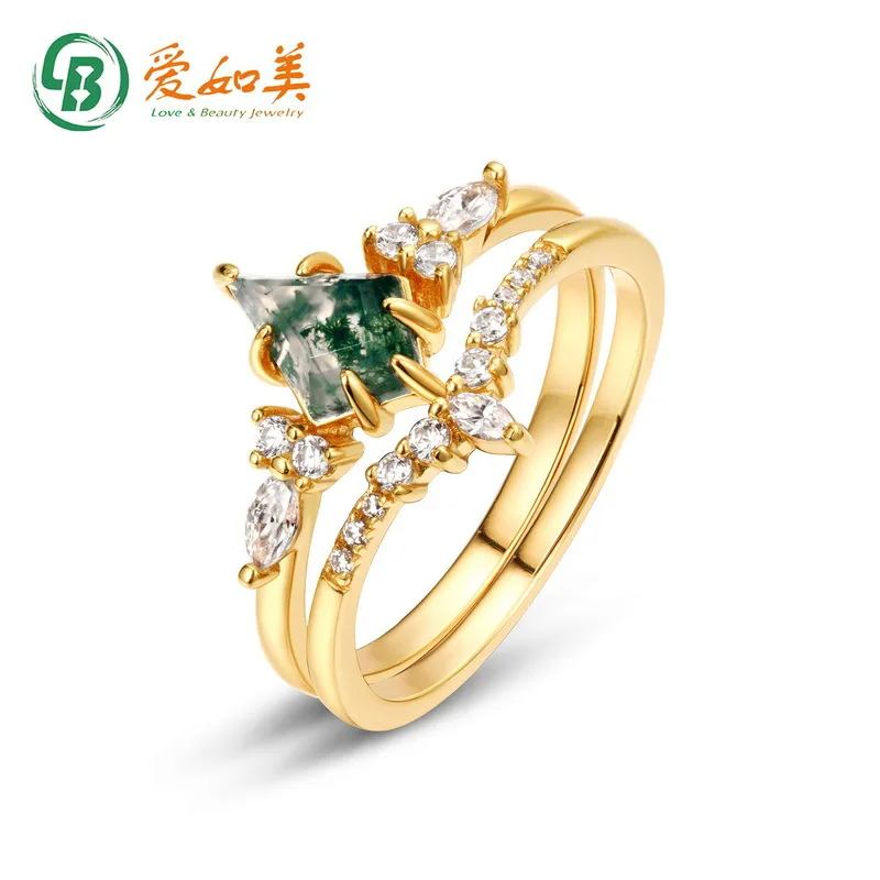 

Personalized 18K Gold PT950 Platinum Silver Plated 7-layer Gold Green Moss Stone Ring, Small Fresh Water Grass Agate Finger Ring